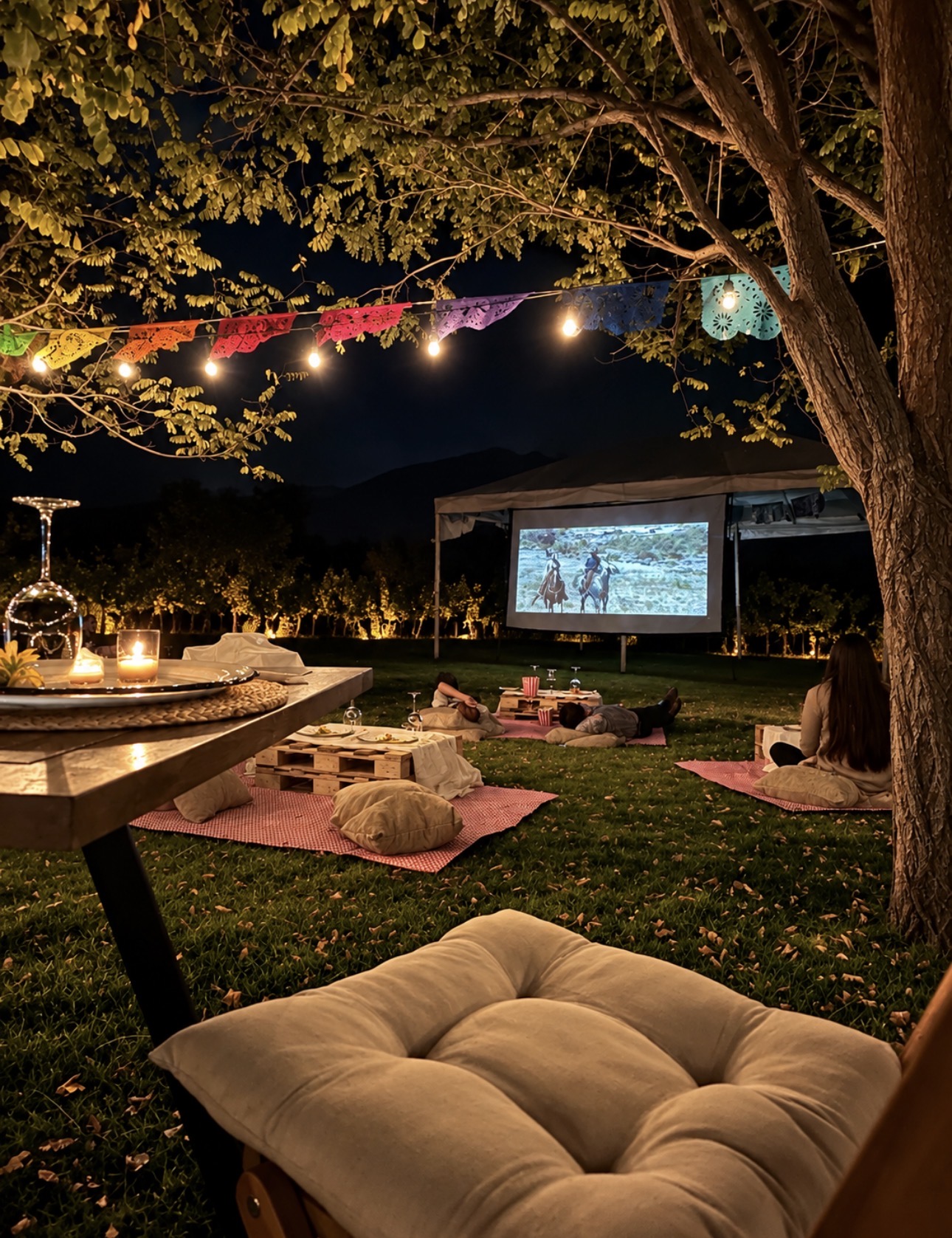 Montaje de picnic, iluminación y pantalla de cine en el viñedo