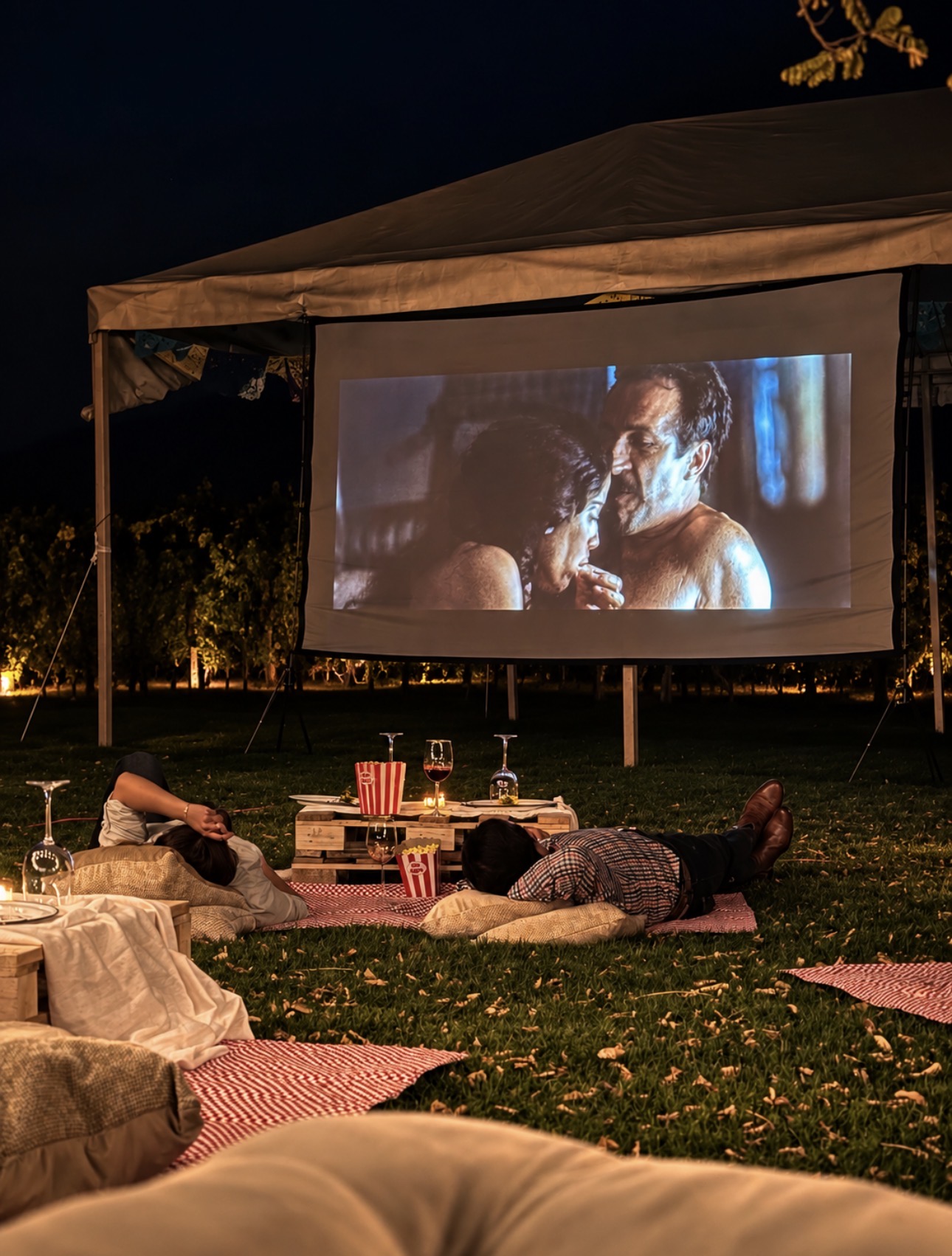 Invitados disfrutando una película al aire libre